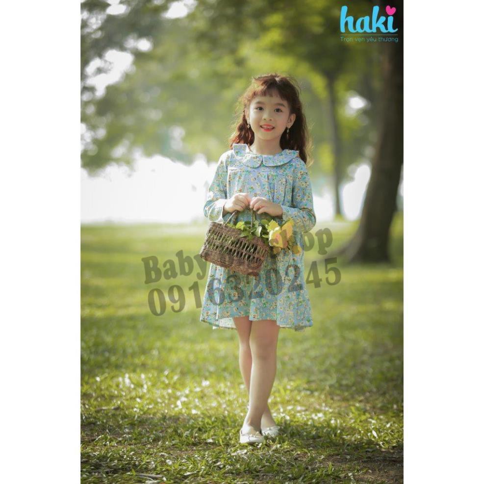 Đầm bé gái_Váy dài tay cổ sen xếp li HAKI- In hoa -HK487.1