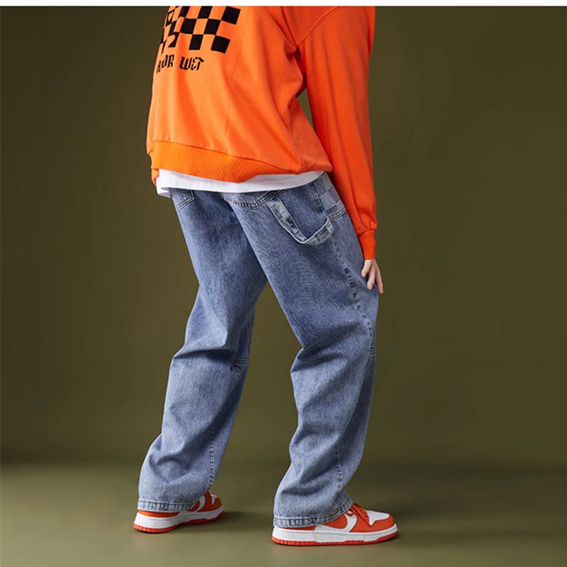 Quần jeans dài dáng rộng ống suông họa tiết caro có dây khóa kéo lưng vừa thời trang đường phố cho nam