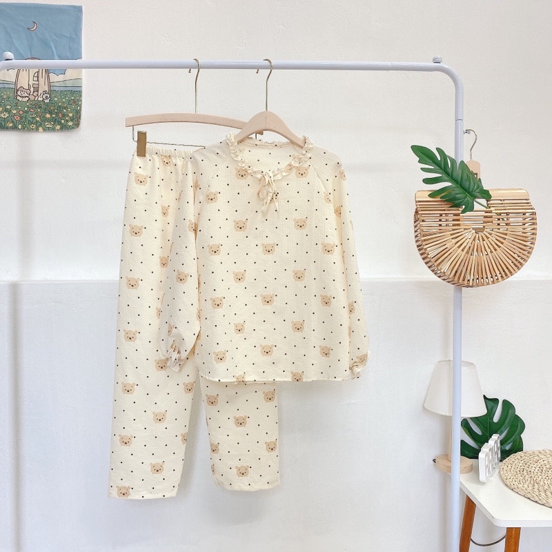 [ ẢNH THẬT ] Pijama cổ nơ xốp đũi Hàn dáng dài hoạ tiết xinh xắn. Bộ ngủ nữ hoạt hình dễ thương