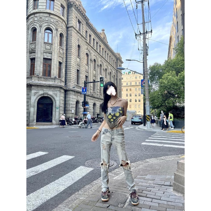 Quần jeans rách dáng ôm 9AG1 kéo khóa zip phong cách đường phố hiphop Âu Mỹ