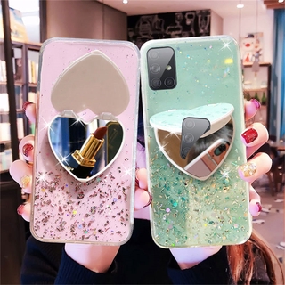 Ốp điện thoại kim tuyến ngôi sao lấp lánh có gương giá đỡ Hình Trái Tim Xinh Xắn cho Samsung Galaxy A34 A54 A14 A24 A22 A42 A52s A12 A11 A31 A51 A71 A20 A30 A21S A02S A20S A30S A50S