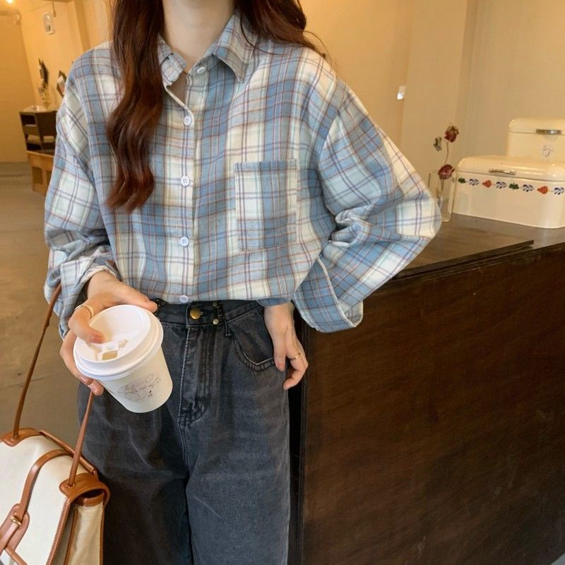 COZOK Áo Sơ Mi Dáng Rộng Kẻ Sọc Kiểu retro Hàn Quốc Dễ Phối Đồ