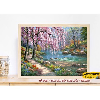 [Mã SKAMLTSM9 giảm 10% đơn 99K] D611-TRANH HOA BÊN SUỐI đã căng khung sẵn và dầu phủ bóng