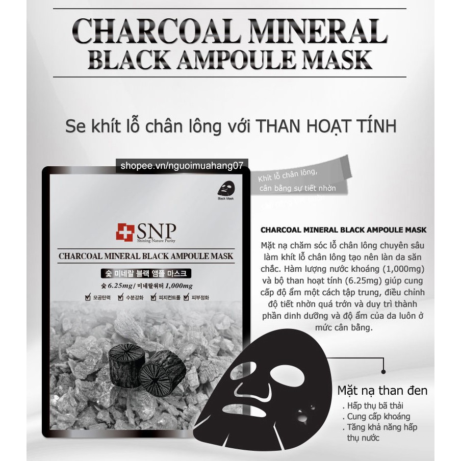 Mặt Nạ Than Hoạt Tính Se Khít Lỗ Chân Lông Cao Cấp SNP Charcoal Mineral Black Ampoule Mask