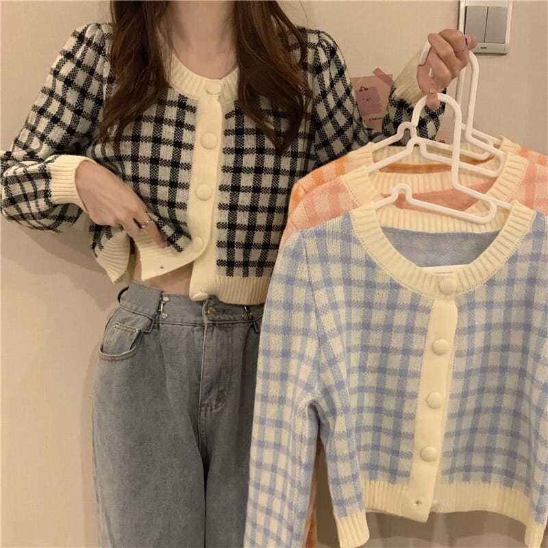 Áo Cardigan Len Tay Dài Dáng Ngắn Họa Tiết Kẻ Sọc Thời Trang Mới Cho Nữ