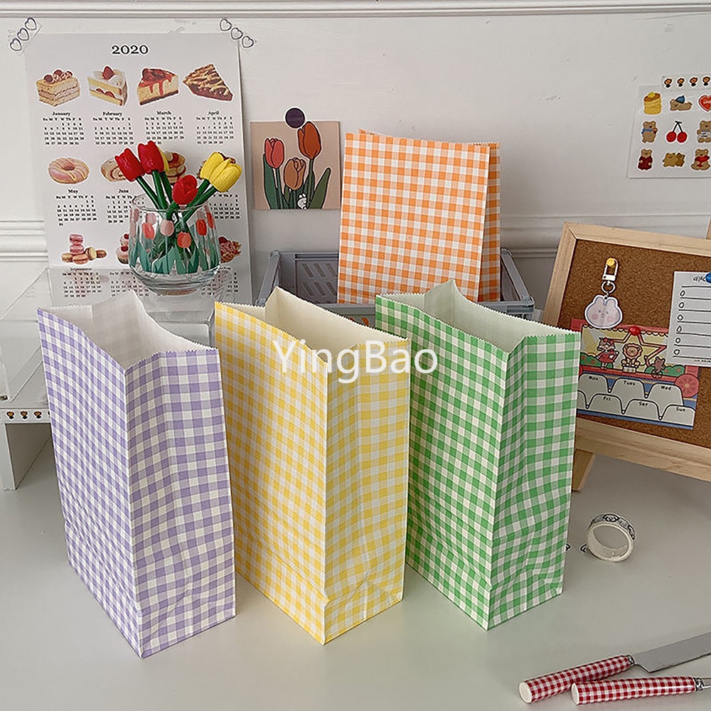 Set 5 Túi Giấy Kraft Đựng Bánh Kẹo/Quà Tặng Họa Tiết Sọc Caro Màu Sắc Dễ Thương Tiện Dụng