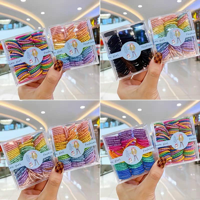 HỘP 100C CHUN BUỘC TÓC CHUN SỢI NHỎ CHO BÉ NHIỀU MÀU SIÊU YEU