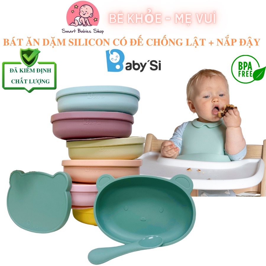 Bát ăn dặm silicone Gấu Baby'si, khay silicone ăn dặm cho bé có nắp và đế chống lật, Smart Babies Shop