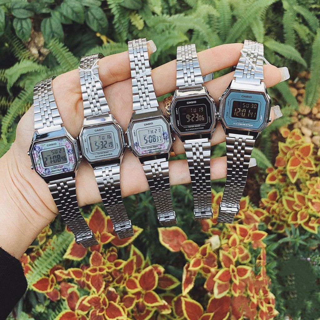 Đồng hồ nữ casio điện tử chính hãng mặt vuông chống nước 3atm , dây kim loại - LA680