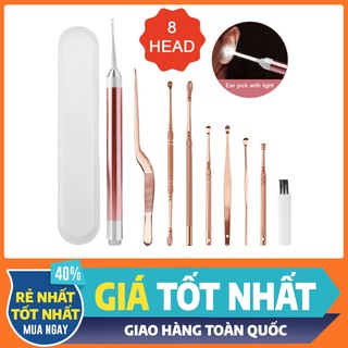 Bộ 8 Dụng Cụ Lấy Ráy Tai Có Đèn LED bằng thép không gỉ màu vàng hồng chất lượng cao [ FuLLBOX ]