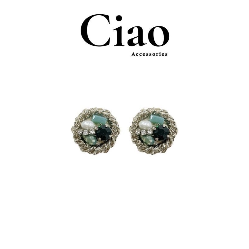 [HỎA TỐC 1H] Khuyên tai/ Bông tai mạ bạc S925 thiết kế đính đá tone xanh Ladonna Ciao
