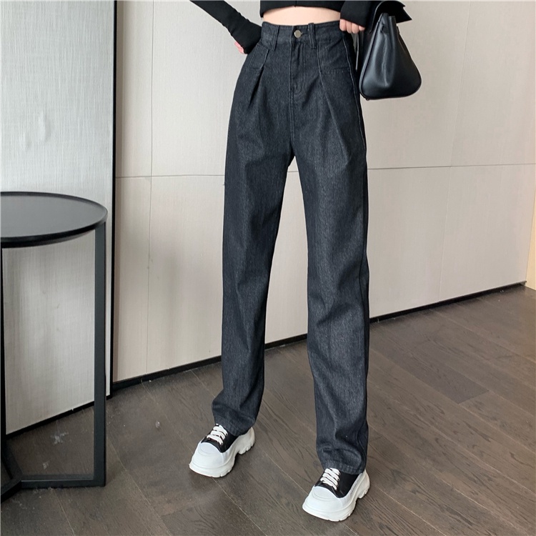 QKOOLE  Quần jean dài ống rộng lưng cao phong cách retro Hàn Quốc thời trang cho nữ