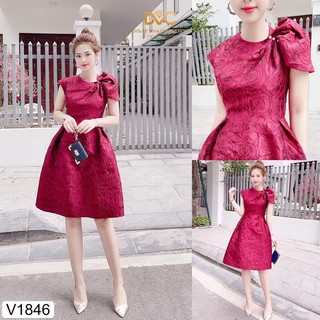 Đầm thiết kế chất gấm hàn dáng chữ A phối gân hoa nổi V1846_Hanfashion [Kèm ảnh thật]