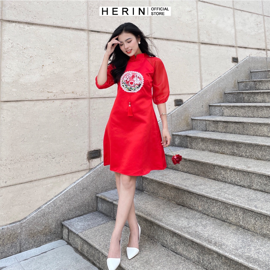 Đầm tết thiêu họa tiết mùa xuân 3 Màu Hồng, Trắng và Đỏ cực dễ thương mã