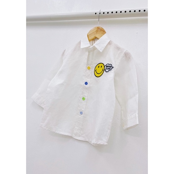 ÁO SƠ MI CHO BÉ, ÁO SƠ MI LINEN STICKER MẶT CƯỜI CHO BÉ TRAI SIZE TỪ 9KG ĐẾN 20KG