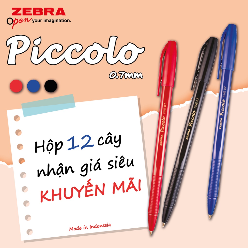 Viết bi nắp Piccolo 0.7mm hộp 12 cây xanh/đen/đỏ - Zebra [Chính hãng]