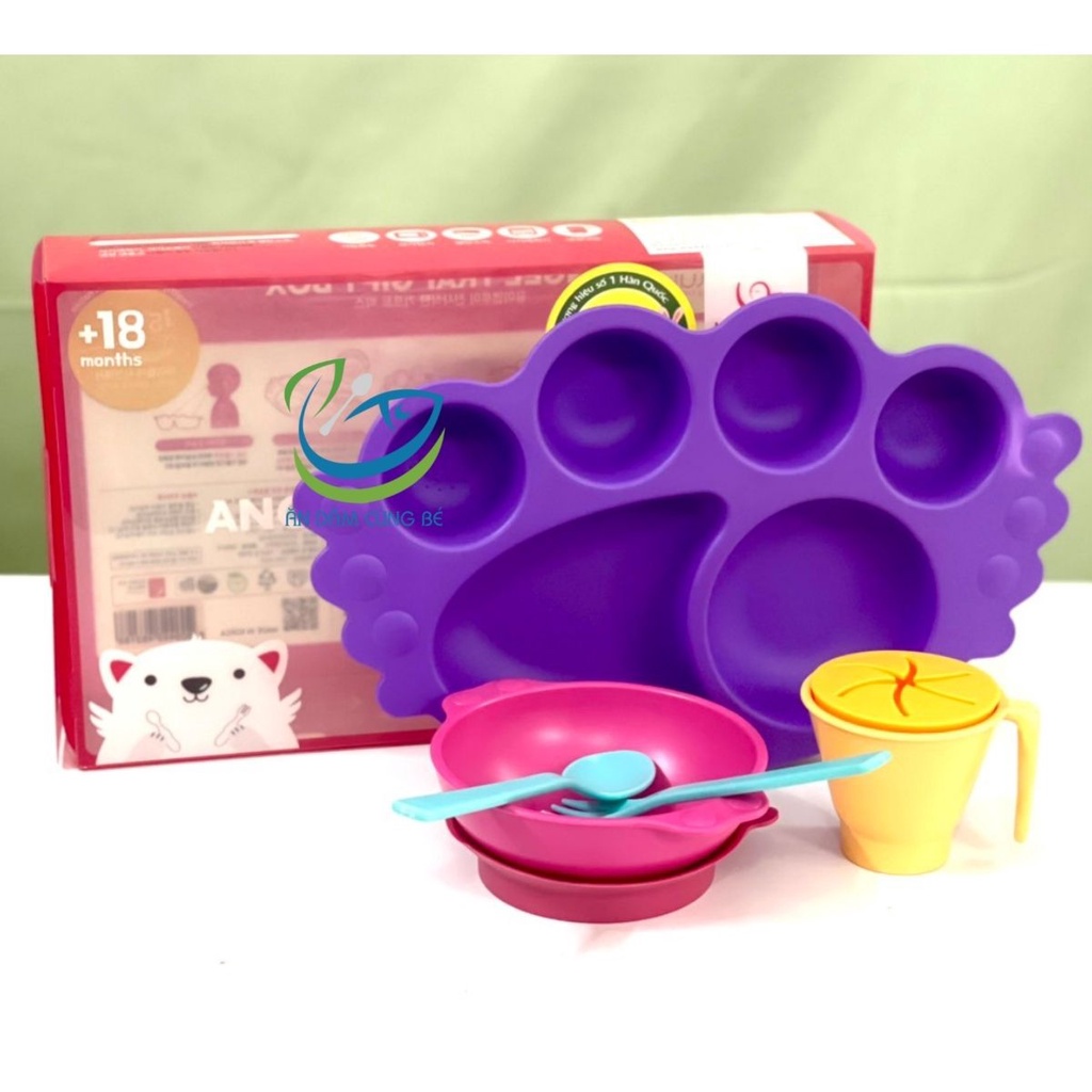 Bộ khay ăn dặm cơm cho bé chống đổ có nắp Hàn Quốc đế hít UINLUI làm từ mía 7 chi tiết 8809
