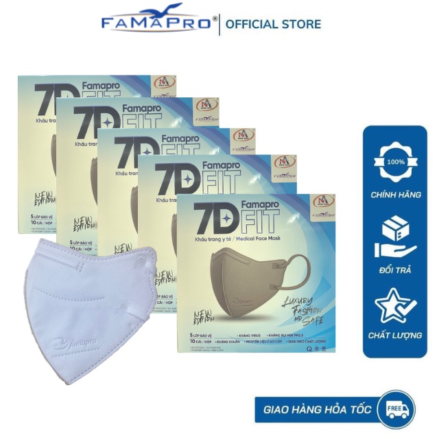 Famapro 7D FIT Combo 5 hộp Khẩu trang y tế cao cấp kháng khuẩn 5 lớp (10 cái/ hộp)