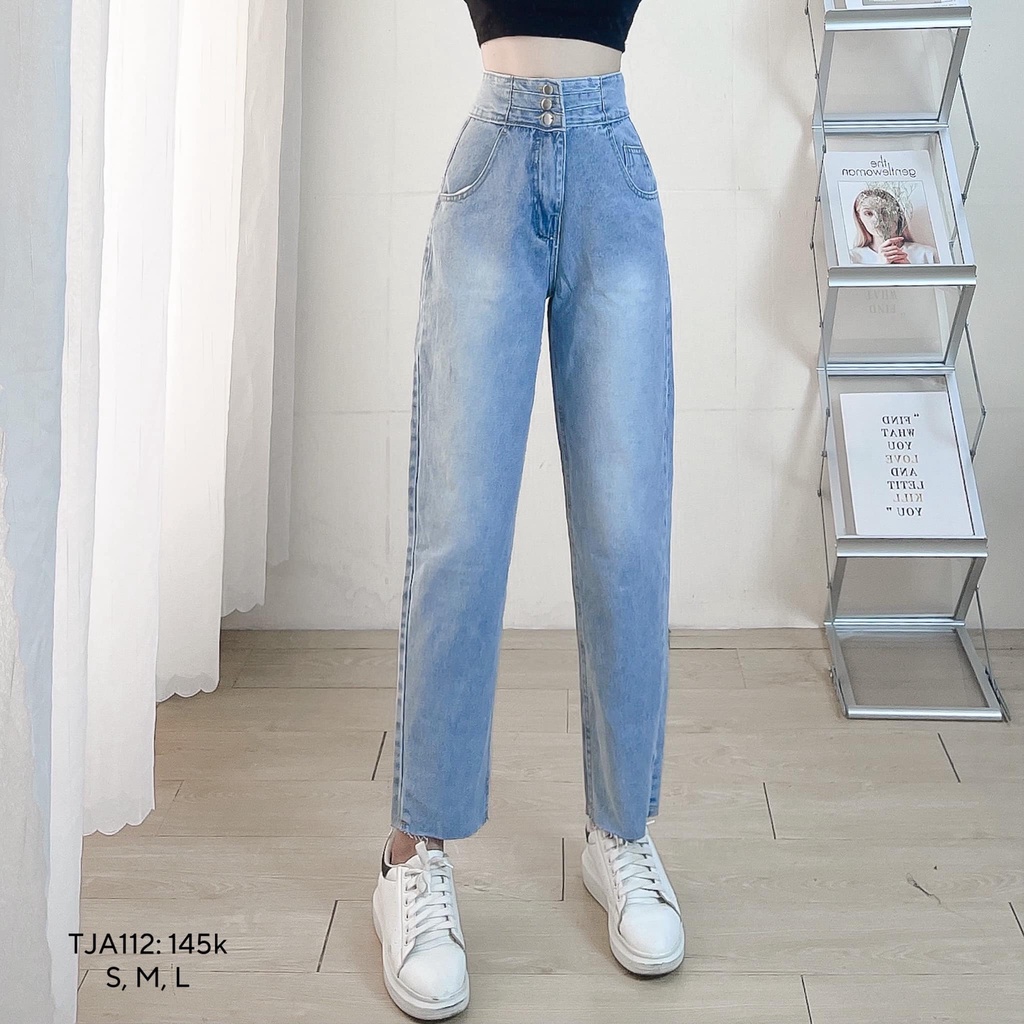 Quần jean nữ lưng cao quần jean ống rộng suông 3 nút CHIBEST TJA112