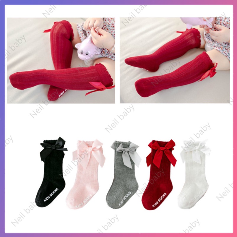 Thích hợp cho bé 0-3 tuổi Tất dài đến đầu gối đính nơ đáng yêu dành cho bé gái Đôi vớ dài qua gối
