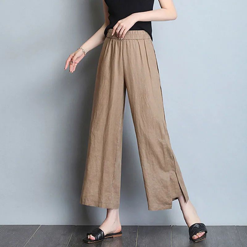 Quần Ống Rộng Vải Lanh Cotton Plus Size Cho Nữ