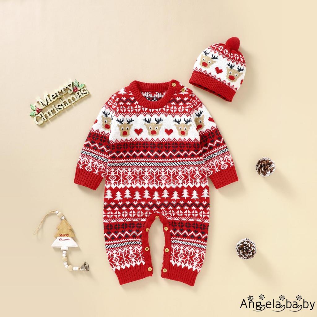 Bộ Áo Liền Quần Tay Dài Cổ Tròn In Họa Tiết Giáng Sinh + Mũ Dệt Kim Thời Trang Mùa Đông Cho Bé 0-18 Tháng Tuổi
