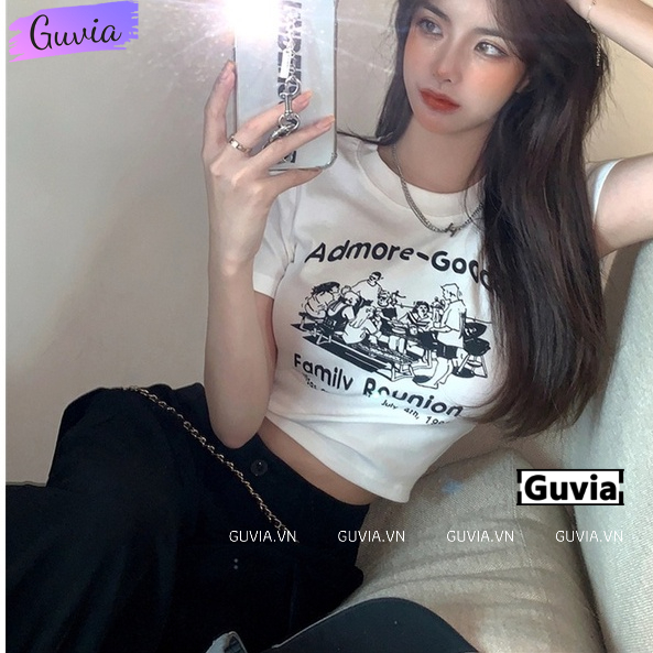 Áo Croptop Ôm Body Nữ ADMORE-GOODE Cổ Tròn Tay Ngắn, Áo Thun Croptop Kiểu In Họa Tiết GUVIA CR90
