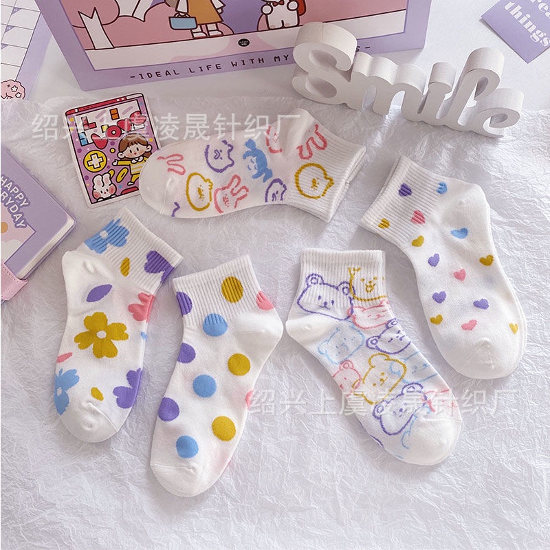 Tất vớ nữ cổ thấp cotton mỏng thoáng hoạ tiết Thỏ Gấu nhiều màu dễ thương