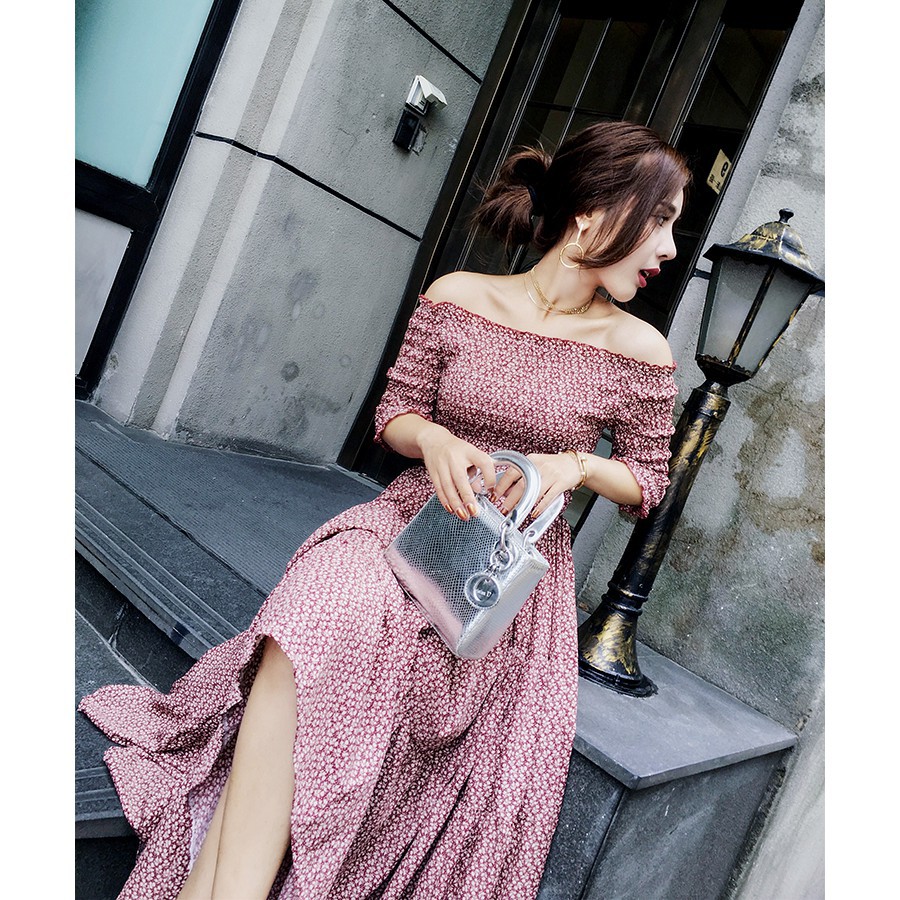 Đầm dạ tiệc hoạ tiết hoa thiết kế trễ vai phong cách Hàn Quốc | BigBuy360 - bigbuy360.vn