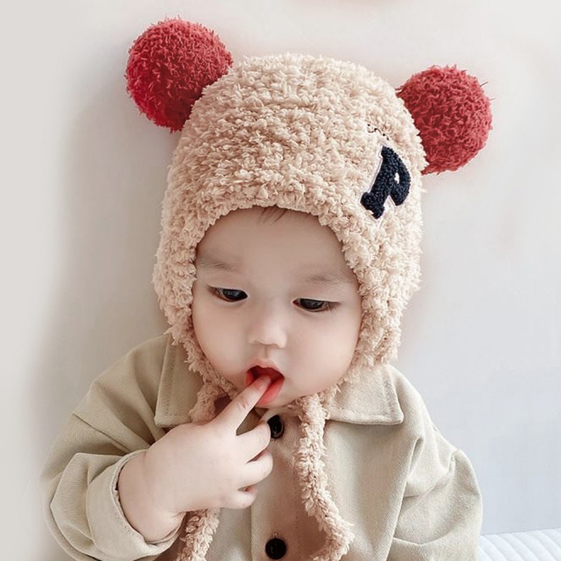 Mũ trùm đầu dệt kim phối banh lông đáng yêu dành cho trẻ em