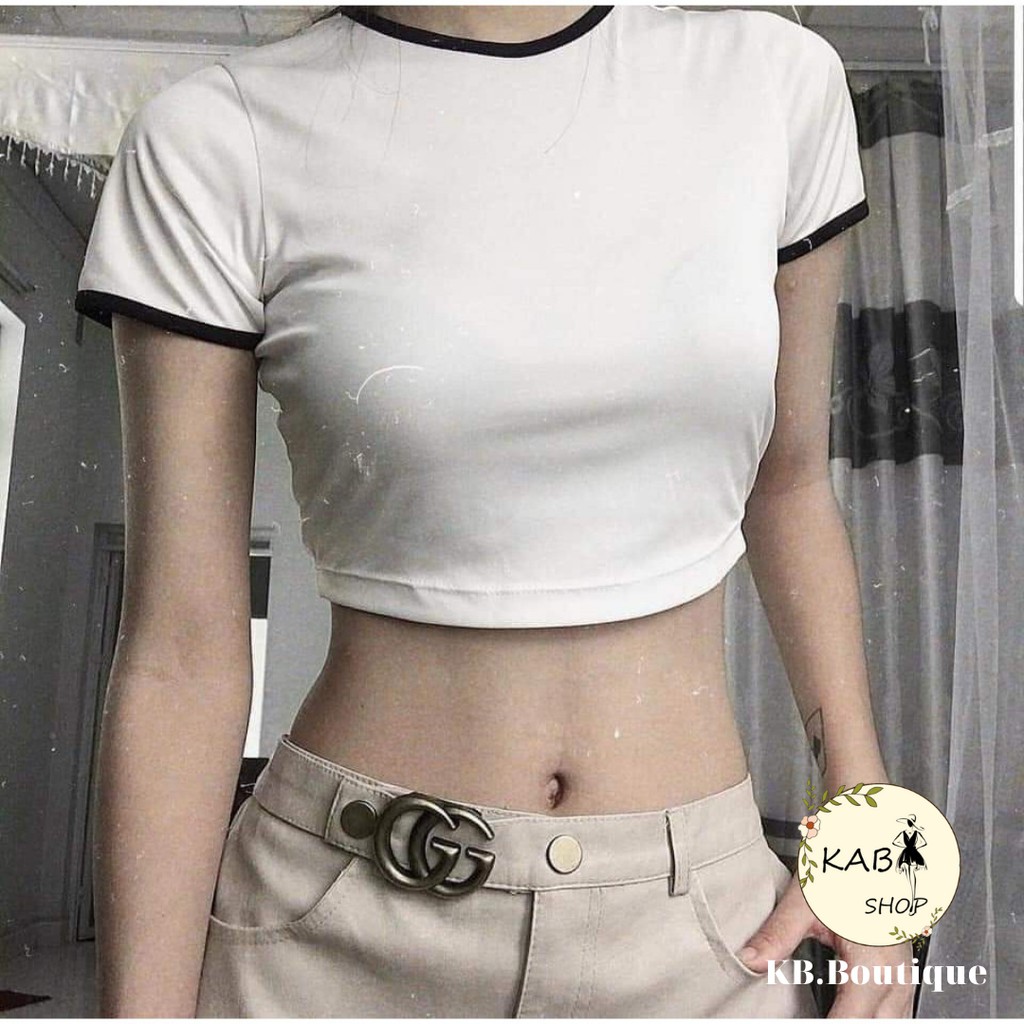 Áo Croptop bozip Viền tay ngắn bo 2 màu đen, trắng đẹp thời trang