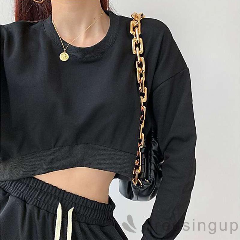 DRE-Women’s Casual Long Sleeve Fashion Solid Color Round Neck Exposed Navel T-shirt