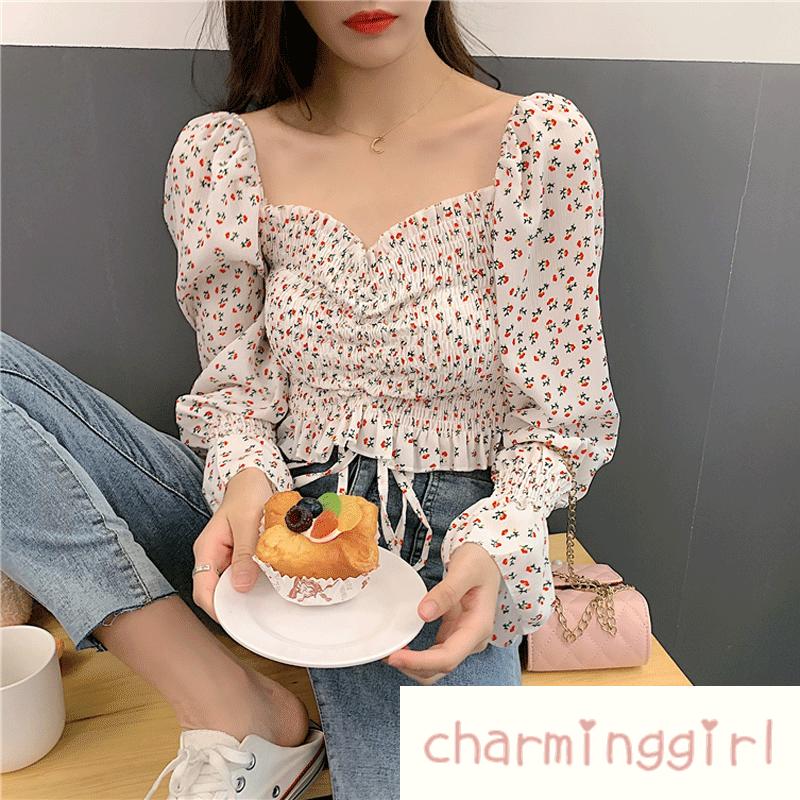 QAQ-Women´s Shirt, Long Sleeve Square Neck Blouse Floral Top for Vacation Travelling Party Photography | BigBuy360 - bigbuy360.vn