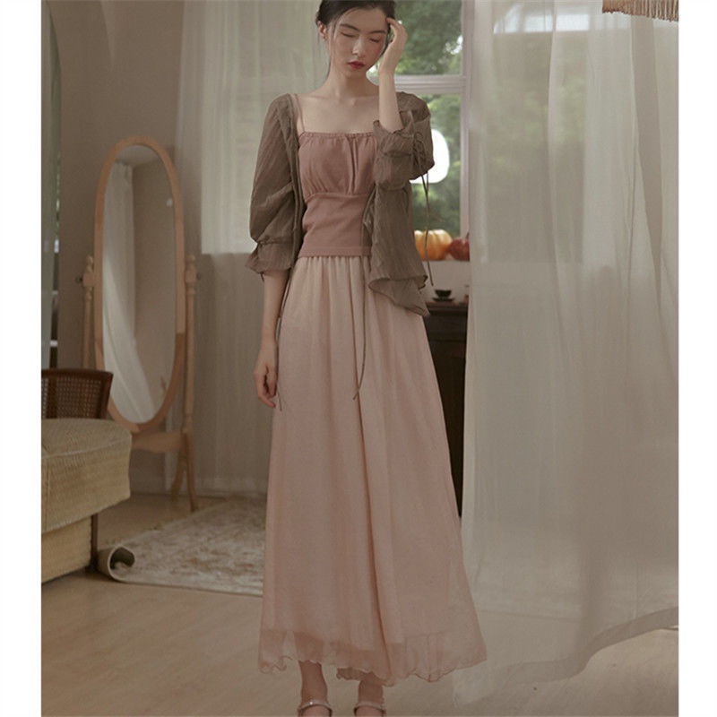 M &amp; E Set Áo Sơ Mi Voan Chống Nắng + Váy Yếm + Quần Ống Rộng Phong Cách Cổ Điển Dễ Phối Đồ Mùa Hè Cho Nữ