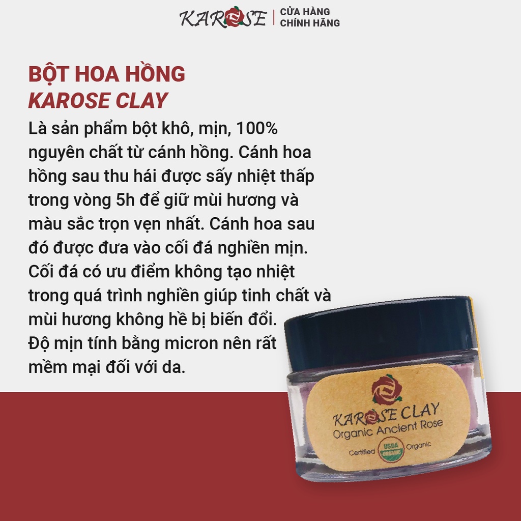 (DATE MỚI NHẤT, 15gr) Bột hoa hồng thiên nhiên làm sáng, mịn da, chống lão hóa Karose Clay