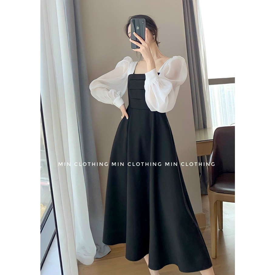 Đầm Dáng Dài Màu Đen Thiết Kể Cổ Vuông Tay Phồng Phối Ren Nhẹ Nhàng Nữ Tính Thời Trang Nữ Xm Minh Phúc