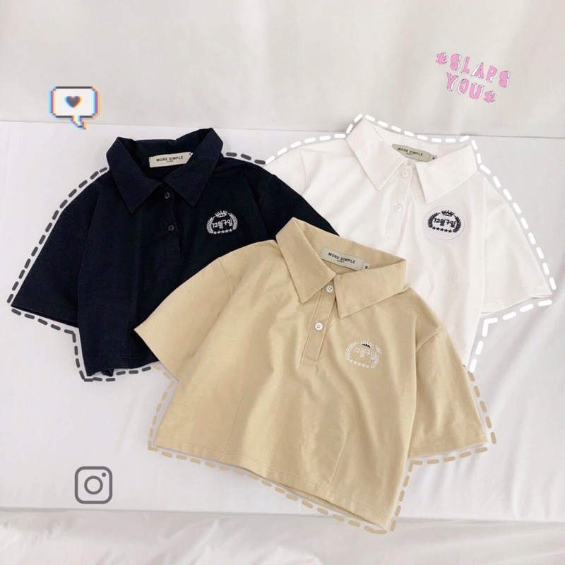 Áo croptop cổ bẻ tay ngắn thêu chữ (trắng/đen/be)