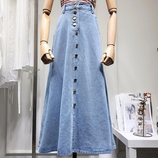 Chân váy denim dáng dài eo cao xếp ly phối hàng nút cá tính