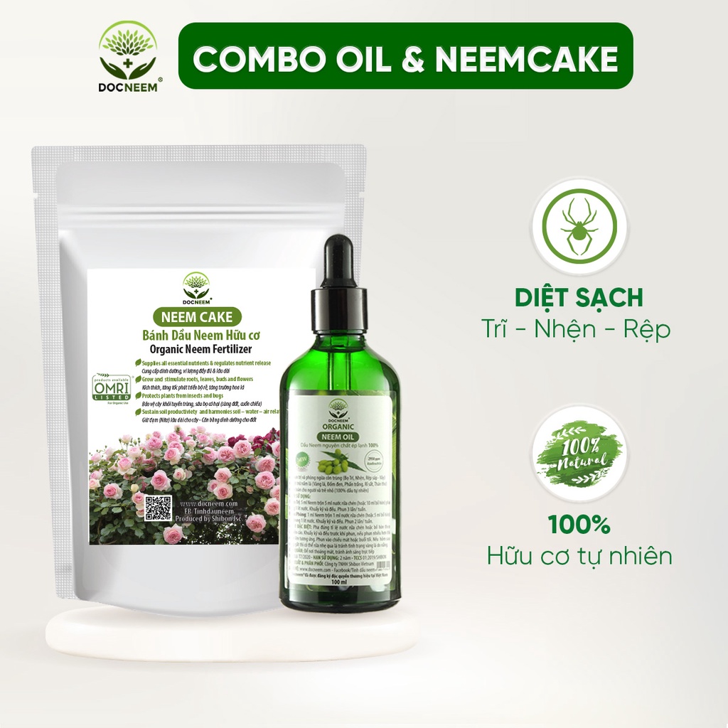 Combo Neem oil &amp; Neem Cake trị chăm sóc hoa hồng, trị côn trùng sâu bệnh, bật mầm sai hoa, kích rễ, Thương hiệu Docneem