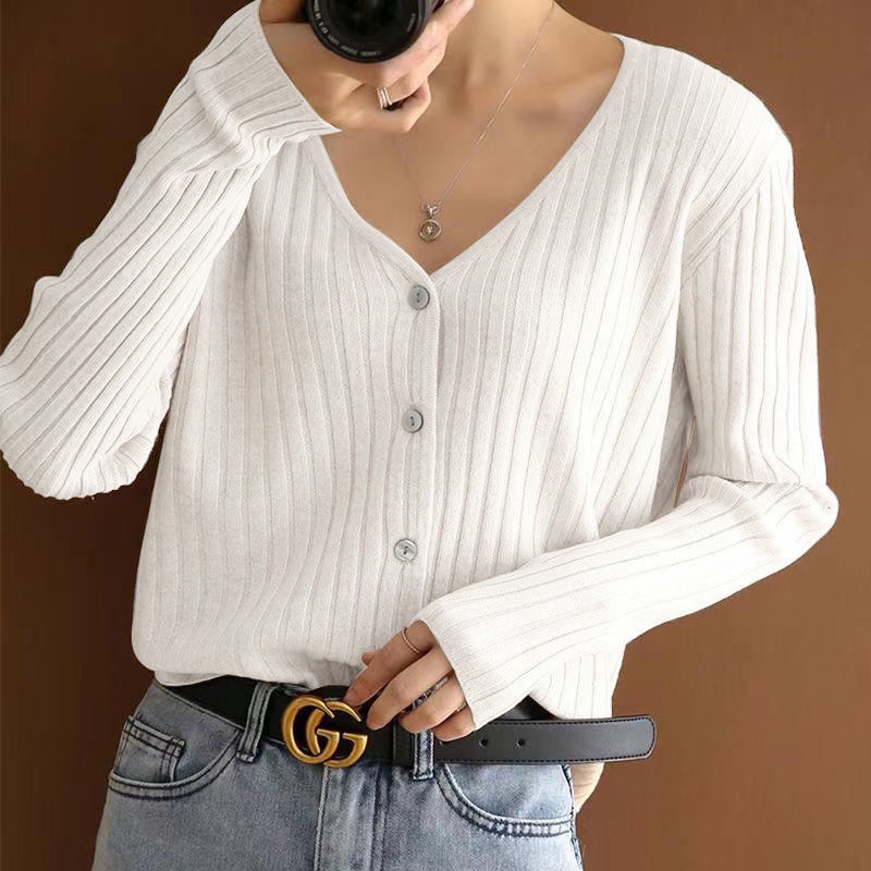 Áo sweater Dệt Kim Mỏng Cổ V Tay Dài Thời Trang Xuân Thu Cho Nữ