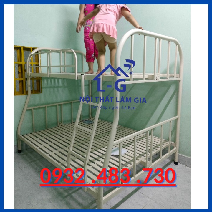 Giường tầng sắt tròn kích thước lớn 1m4-1m6-2m màu kem cho gia đình giá tốt