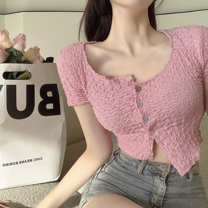 Áo Thun Lửng Cổ Vuông Thời Trang Hàn Quốc Cho Nữ