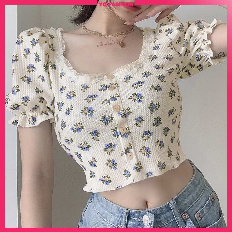 Áo Croptop Thun đan Eo Nữ / Mùa Hè / Thời Trang / Tay áo Phồng / In Hoa / Lên Trên