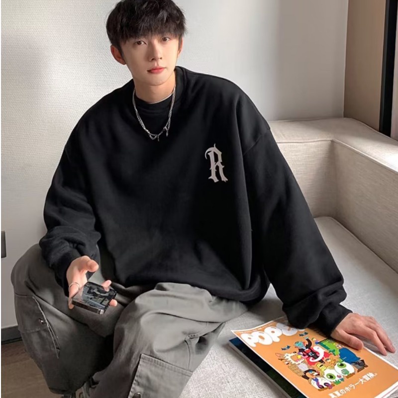 Áo Sweater Dáng Rộng Cổ Tròn Tay Dài Oversize In Logo Font Arc Và Hoa Màu Mơ Sữa