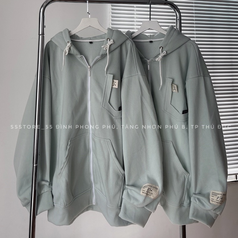 Áo khoác hoodie zip có nón vải nỉ bông cao cấp thêu họa tiết mặt cười màu xanh, đen form rộng unisex nam nữ - SSSTore