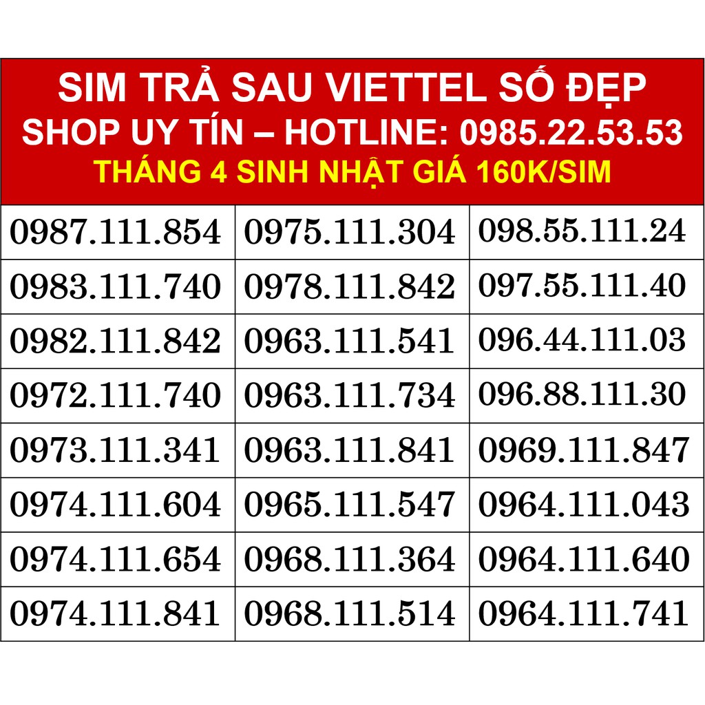 👉SIM TRẢ SAU VIETTEL SỐ ĐẸP ❤️  09 CÓ TAM HOA 111-222-333 GIỮA