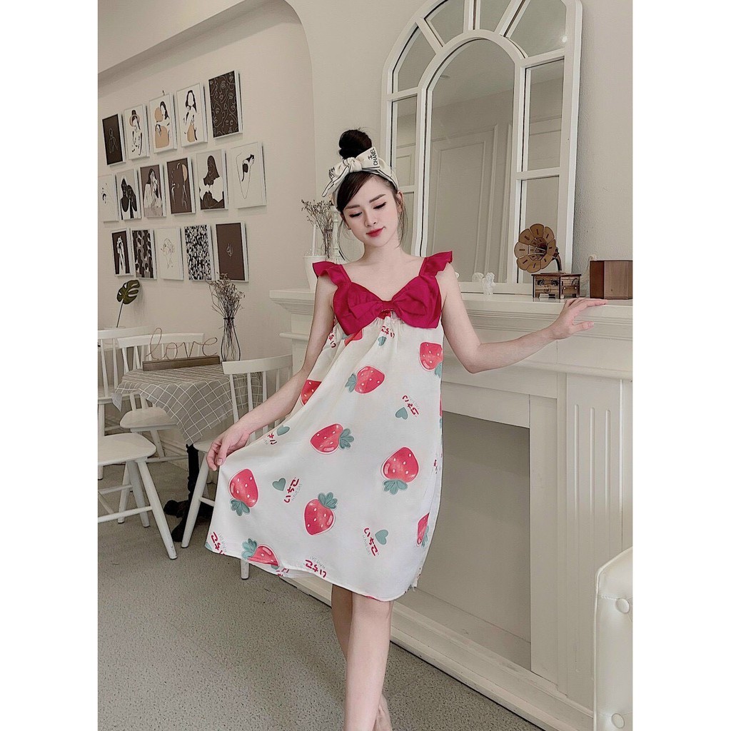 Đầm Ngủ Lụa Satin phối nơ hoạ tiết dễ thương cute