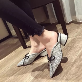 Giày mules đính đá mũi nhọn gót 4cm