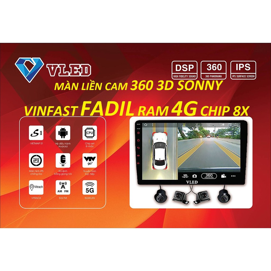 Màn hình liền camera 360 cho xe Vinfast Fadil 3D SONNY, full HD 1280*720 Siêu Sắc nét, cam 360 độ ch