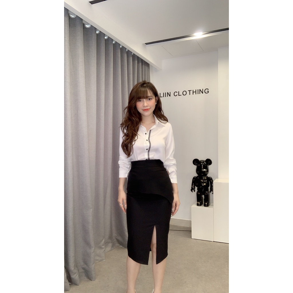 Chân váy công sở chất vải mango màu đen thiết kế xẻ trước trẻ trung, mặc tôn dáng Liin Clothing J4388